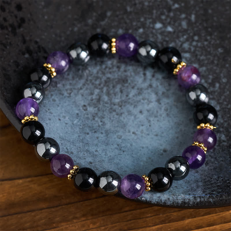 Buddha Stones Meditationsarmband aus Amethyst, schwarzem Obsidian und Hämatitperlen - image 3