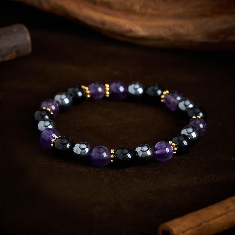 Buddha Stones Meditationsarmband aus Amethyst, schwarzem Obsidian und Hämatitperlen - image 2