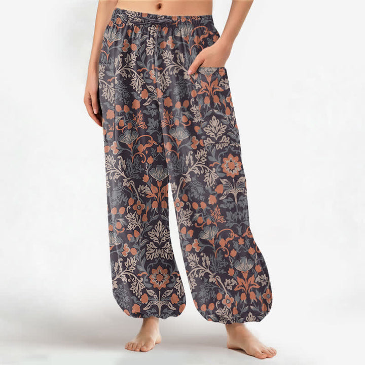 Buddha Stones Baumwoll-Haremshose für Damen mit Vintage-Blumen-Paisley-Muster, elastischem Bund und Seitentaschen - Sattelbraun - US16, UK/AU20, EU48 (3XL) - image 0