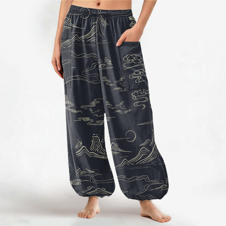 Buddha Stones Baumwoll-Haremshose für Damen mit orientalischem Berg- und Wolkenmuster, elastischem Bund und Seitentaschen - Schwarz - US16, UK/AU20, EU48 (3XL) - image 0