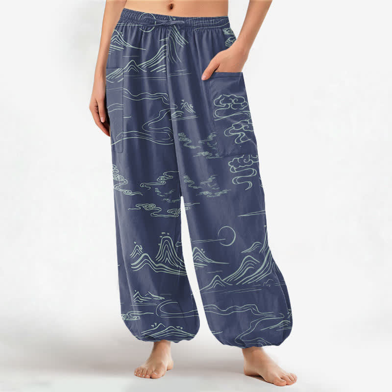 Buddha Stones Baumwoll-Haremshose für Damen mit orientalischem Berg- und Wolkenmuster, elastischem Bund und Seitentaschen - SteelBlue - US16, UK/AU20, EU48 (3XL) - image 10
