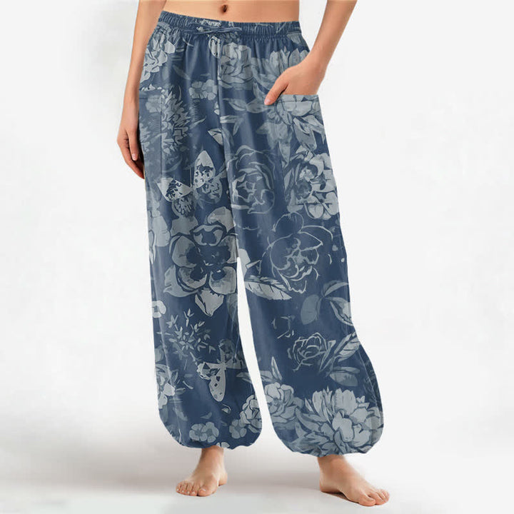 Buddha Stones Baumwoll-Haremshose im Vintage-Stil mit Pfingstrosen-Chrysanthemen-Blumenmuster, elastischem Bund und Seitentaschen - SteelBlue - US16, UK/AU20, EU48 (3XL) - image 10
