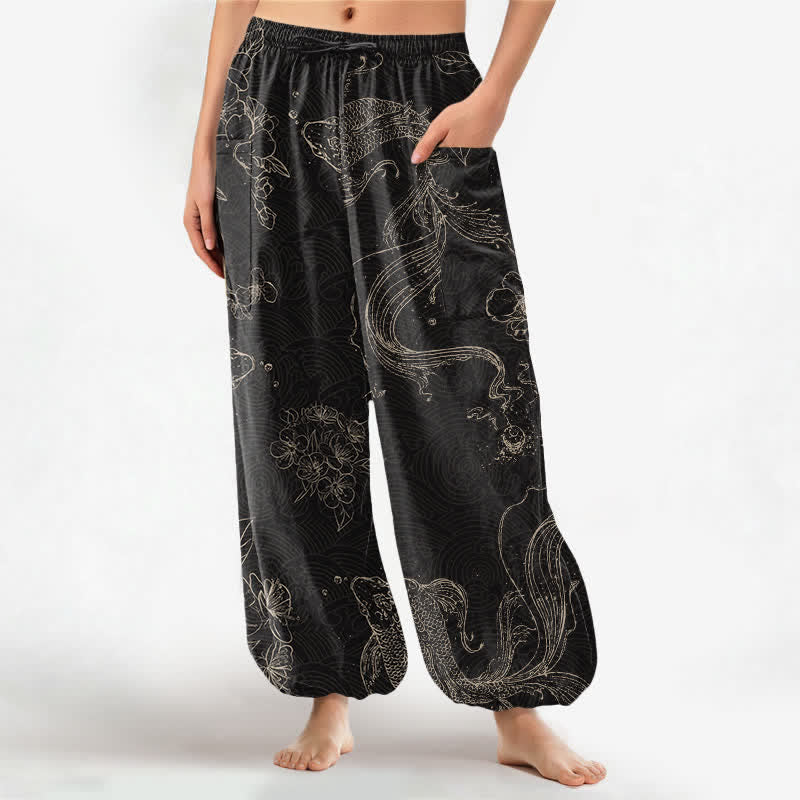 Buddha Stones Baumwoll-Haremshose für Damen mit Koi-Fisch-Blumenmuster, elastischem Bund und Seitentaschen - Schwarz - US16, UK/AU20, EU48 (3XL) - image 0