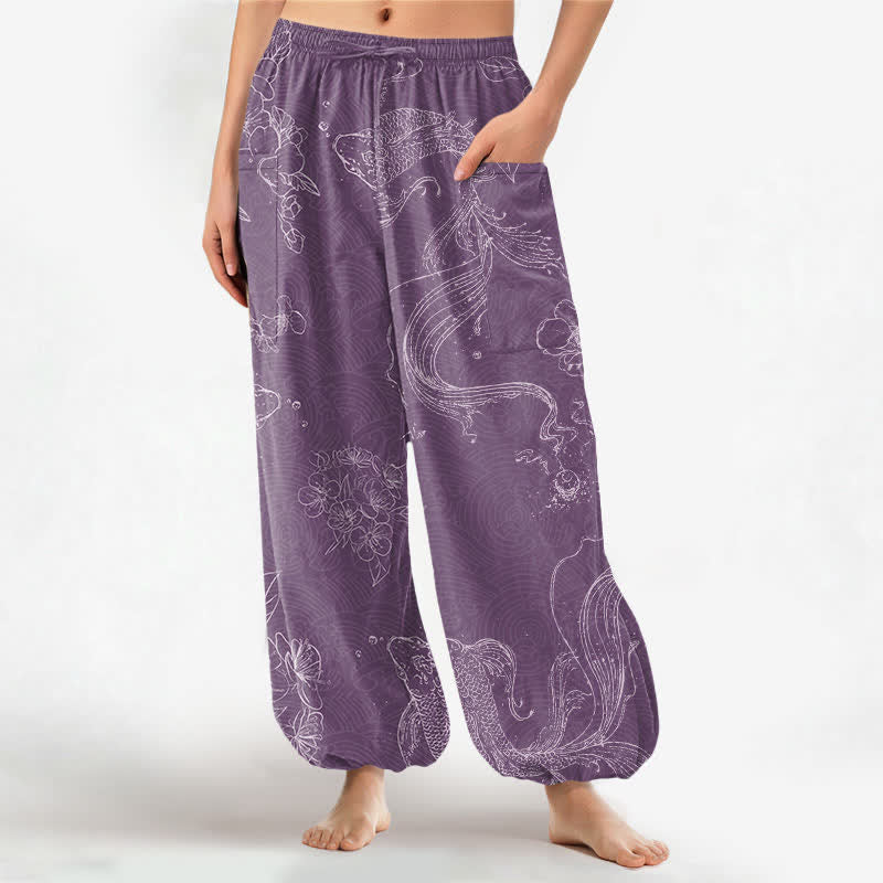 Buddha Stones Baumwoll-Haremshose für Damen mit Koi-Fisch-Blumenmuster, elastischem Bund und Seitentaschen - Pflaume - US16, UK/AU20, EU48 (3XL) - image 7