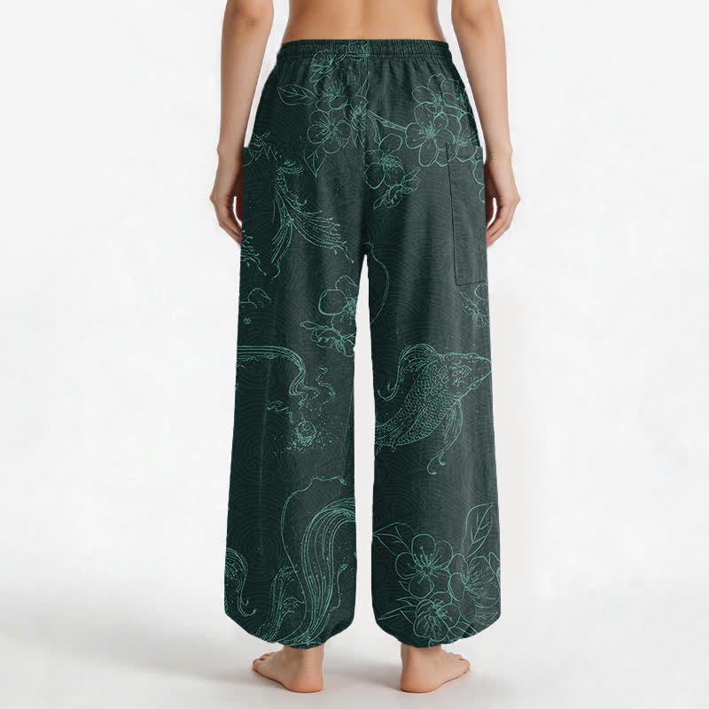 Buddha Stones Baumwoll-Haremshose für Damen mit Koi-Fisch-Blumenmuster, elastischem Bund und Seitentaschen - image 12