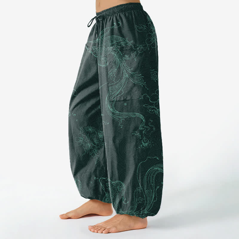 Buddha Stones Baumwoll-Haremshose für Damen mit Koi-Fisch-Blumenmuster, elastischem Bund und Seitentaschen - image 11