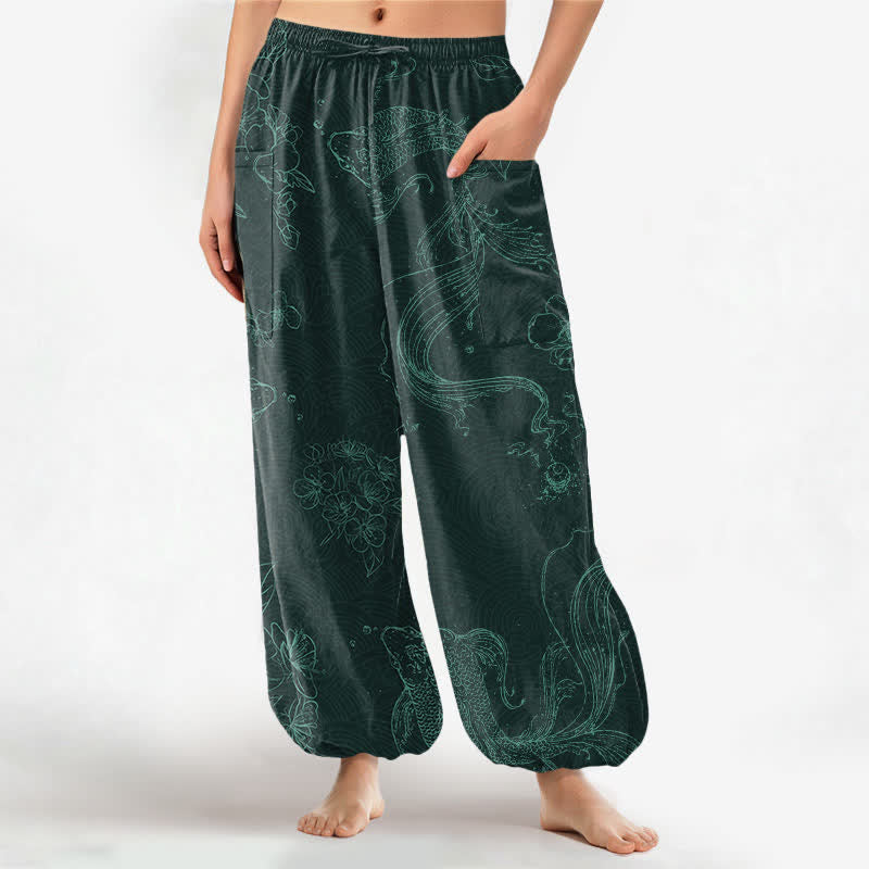 Buddha Stones Baumwoll-Haremshose für Damen mit Koi-Fisch-Blumenmuster, elastischem Bund und Seitentaschen - Türkis - US16, UK/AU20, EU48 (3XL) - image 10