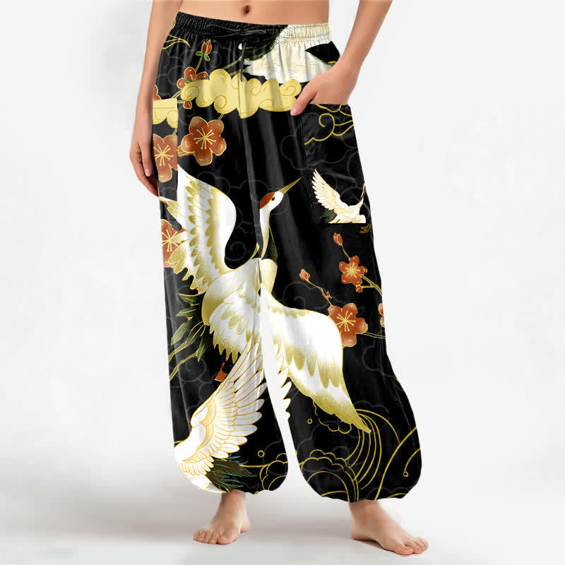 Buddha Stones Baumwoll-Haremshose für Damen mit orientalischem Kranichblüten- und Wolkenmuster, elastischem Bund und Seitentaschen - Schwarz - US16, UK/AU20, EU48 (3XL) - image 0