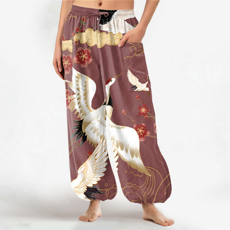 Buddha Stones Baumwoll-Haremshose für Damen mit orientalischem Kranichblüten- und Wolkenmuster, elastischem Bund und Seitentaschen - IndianRed - US16, UK/AU20, EU48 (3XL) - image 10