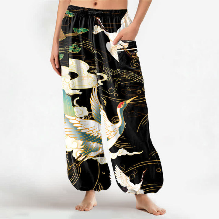 Buddha Stones Baumwoll-Haremshose für Damen mit orientalischem Kranich-Wellenmuster, elastischem Bund und Seitentaschen - Schwarz - US16, UK/AU20, EU48 (3XL) - image 0