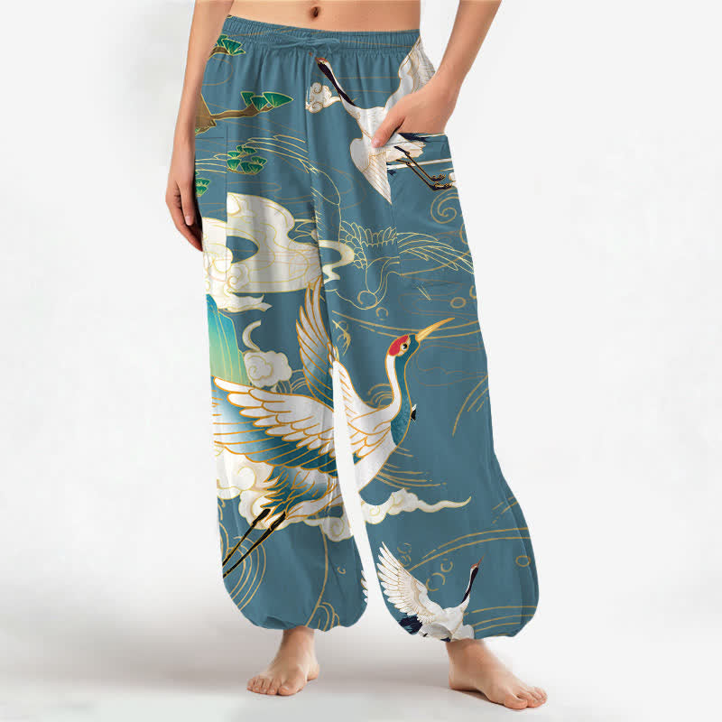 Buddha Stones Baumwoll-Haremshose für Damen mit orientalischem Kranich-Wellenmuster, elastischem Bund und Seitentaschen - Kadettenblau - US16, UK/AU20, EU48 (3XL) - image 7