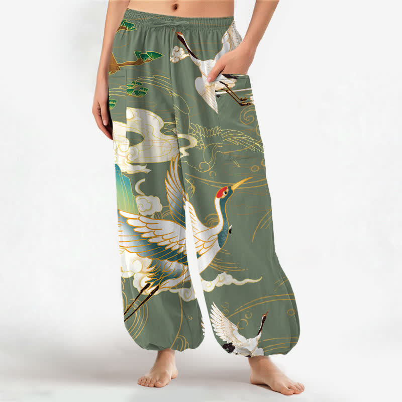 Buddha Stones Baumwoll-Haremshose für Damen mit orientalischem Kranich-Wellenmuster, elastischem Bund und Seitentaschen - Olivgrün - US16, UK/AU20, EU48 (3XL) - image 10