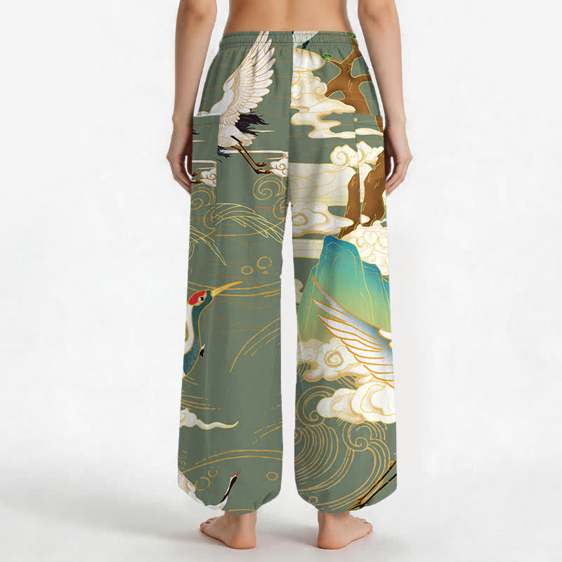Buddha Stones Baumwoll-Haremshose für Damen mit orientalischem Kranich-Wellenmuster, elastischem Bund und Seitentaschen - image 12