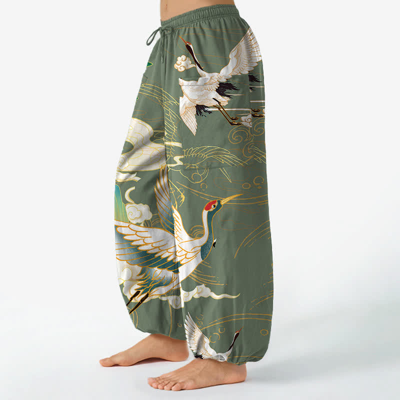 Buddha Stones Baumwoll-Haremshose für Damen mit orientalischem Kranich-Wellenmuster, elastischem Bund und Seitentaschen - image 11