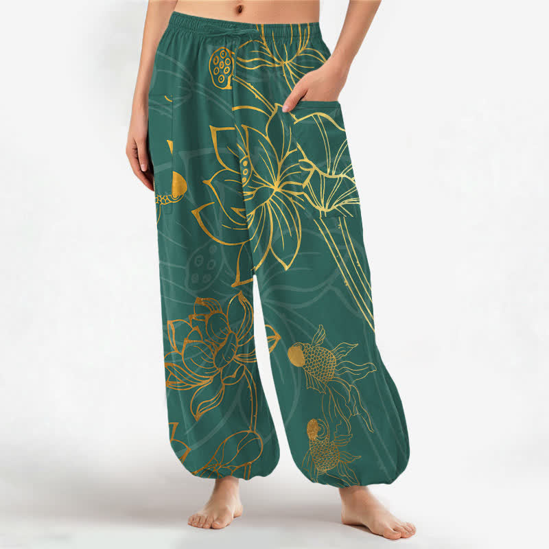 Buddha Stones Baumwoll-Haremshose für Damen mit goldenem Lotus-Koi-Fischmuster, elastischem Bund und Seitentaschen - Türkis - US16, UK/AU20, EU48 (3XL) - image 0