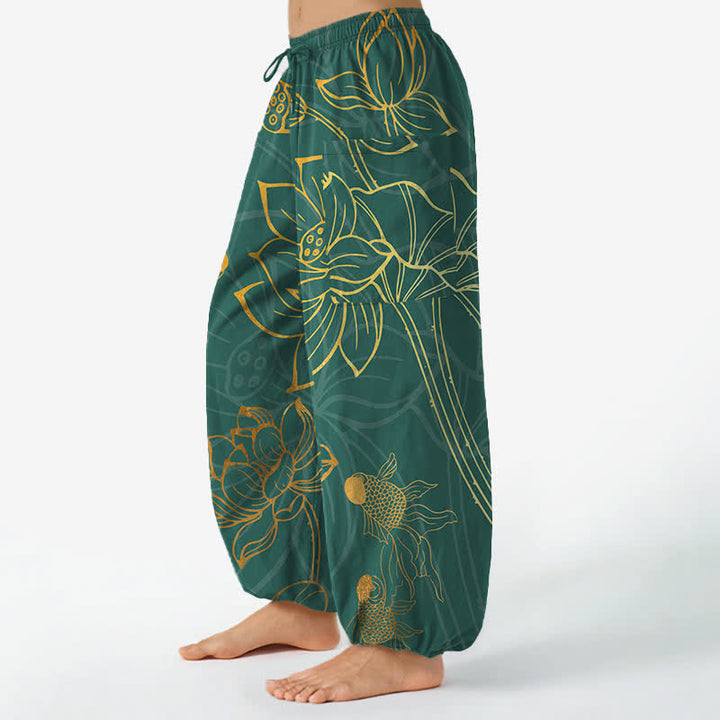 Buddha Stones Baumwoll-Haremshose für Damen mit goldenem Lotus-Koi-Fischmuster, elastischem Bund und Seitentaschen - image 1