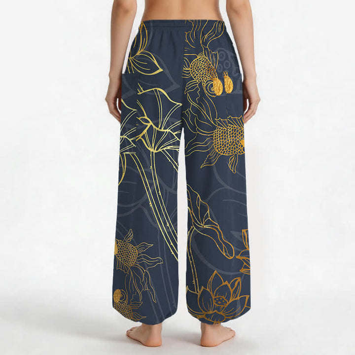 Buddha Stones Baumwoll-Haremshose für Damen mit goldenem Lotus-Koi-Fischmuster, elastischem Bund und Seitentaschen - image 9