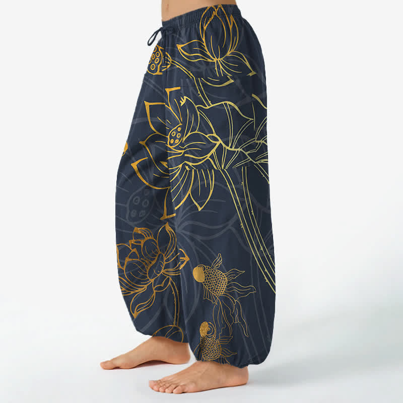 Buddha Stones Baumwoll-Haremshose für Damen mit goldenem Lotus-Koi-Fischmuster, elastischem Bund und Seitentaschen - image 8