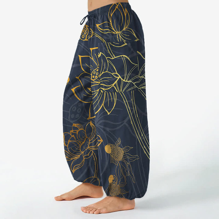 Buddha Stones Baumwoll-Haremshose für Damen mit goldenem Lotus-Koi-Fischmuster, elastischem Bund und Seitentaschen - image 8