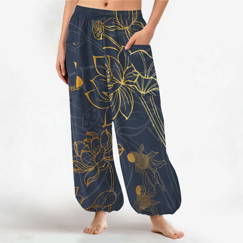 Buddha Stones Baumwoll-Haremshose für Damen mit goldenem Lotus-Koi-Fischmuster, elastischem Bund und Seitentaschen - DimGray - US16, UK/AU20, EU48 (3XL) - image 7