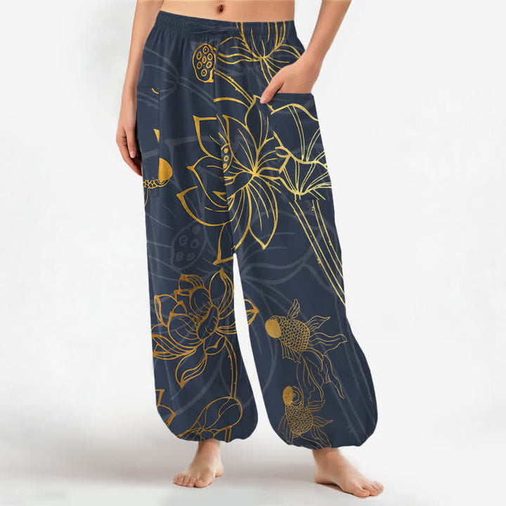 Buddha Stones Baumwoll-Haremshose für Damen mit goldenem Lotus-Koi-Fischmuster, elastischem Bund und Seitentaschen - DimGray - US16, UK/AU20, EU48 (3XL) - image 7