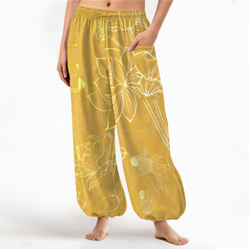 Buddha Stones Baumwoll-Haremshose für Damen mit goldenem Lotus-Koi-Fischmuster, elastischem Bund und Seitentaschen - Gold - US16, UK/AU20, EU48 (3XL) - image 10