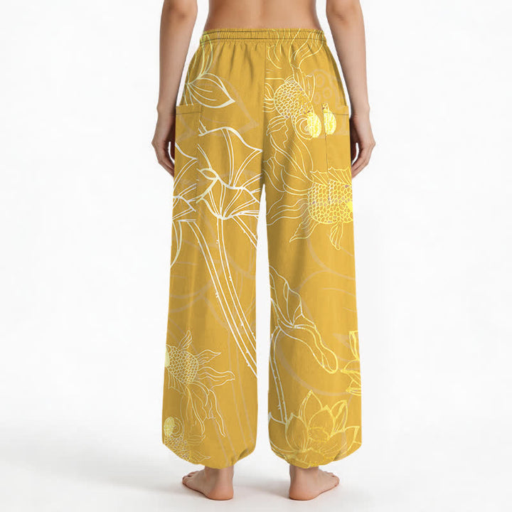 Buddha Stones Baumwoll-Haremshose für Damen mit goldenem Lotus-Koi-Fischmuster, elastischem Bund und Seitentaschen - image 12