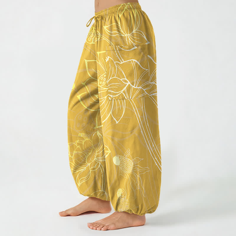 Buddha Stones Baumwoll-Haremshose für Damen mit goldenem Lotus-Koi-Fischmuster, elastischem Bund und Seitentaschen - image 11