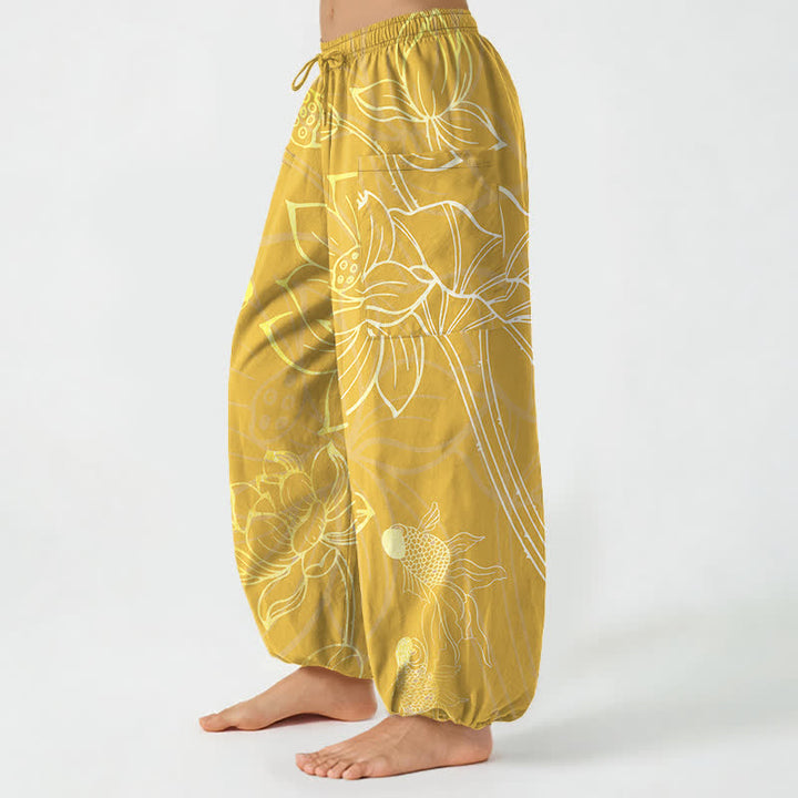 Buddha Stones Baumwoll-Haremshose für Damen mit goldenem Lotus-Koi-Fischmuster, elastischem Bund und Seitentaschen - image 11