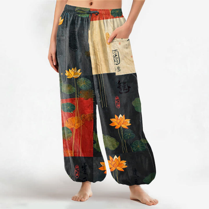 Buddha Stones Haremshose aus Baumwolle mit orientalischem Lotusblatt-Patchworkmuster, elastischem Bund und Seitentaschen für Damen - Schwarz - US16, UK/AU20, EU48 (3XL) - image 0