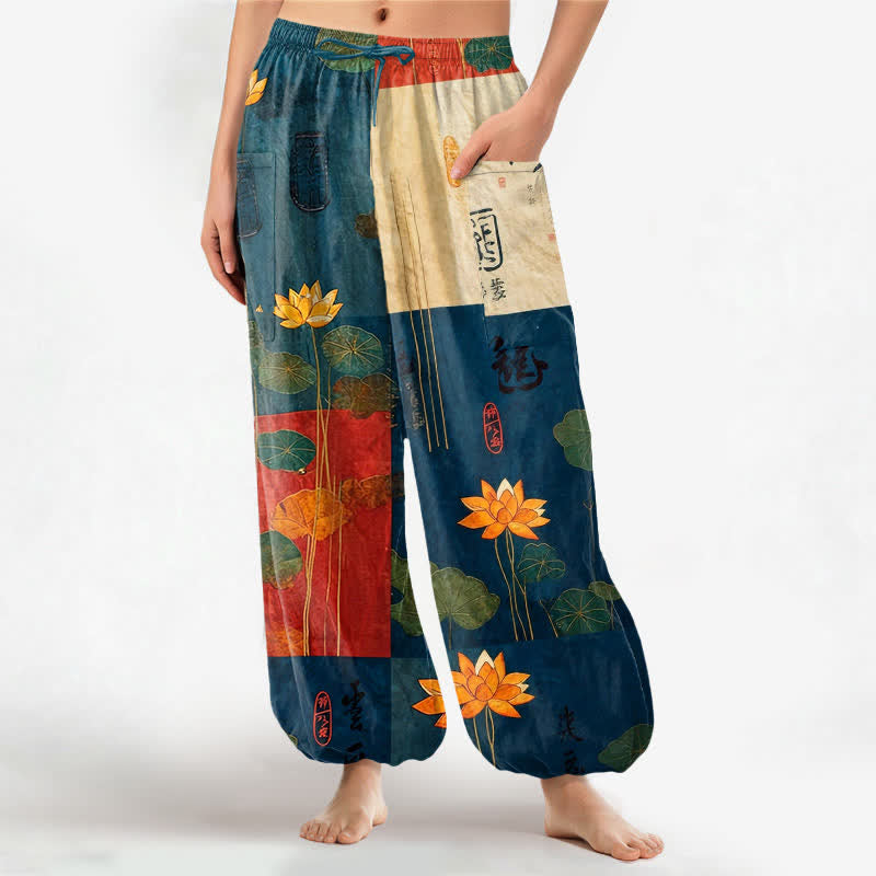 Buddha Stones Haremshose aus Baumwolle mit orientalischem Lotusblatt-Patchworkmuster, elastischem Bund und Seitentaschen für Damen - SteelBlue - US16, UK/AU20, EU48 (3XL) - image 7