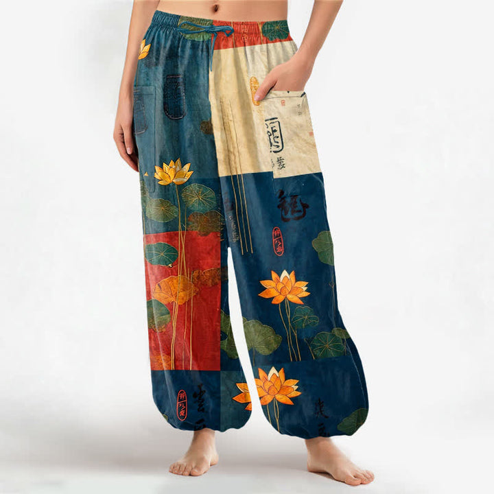 Buddha Stones Haremshose aus Baumwolle mit orientalischem Lotusblatt-Patchworkmuster, elastischem Bund und Seitentaschen für Damen - SteelBlue - US16, UK/AU20, EU48 (3XL) - image 7
