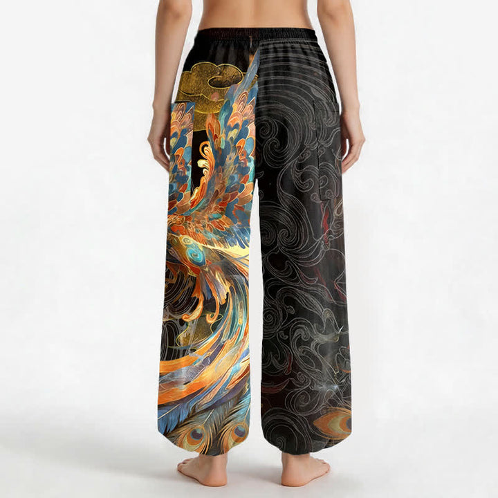 Buddha Stones Baumwoll-Haremshose für Damen mit böhmischem Phönix-Federmuster, elastischem Bund und Seitentaschen - image 2