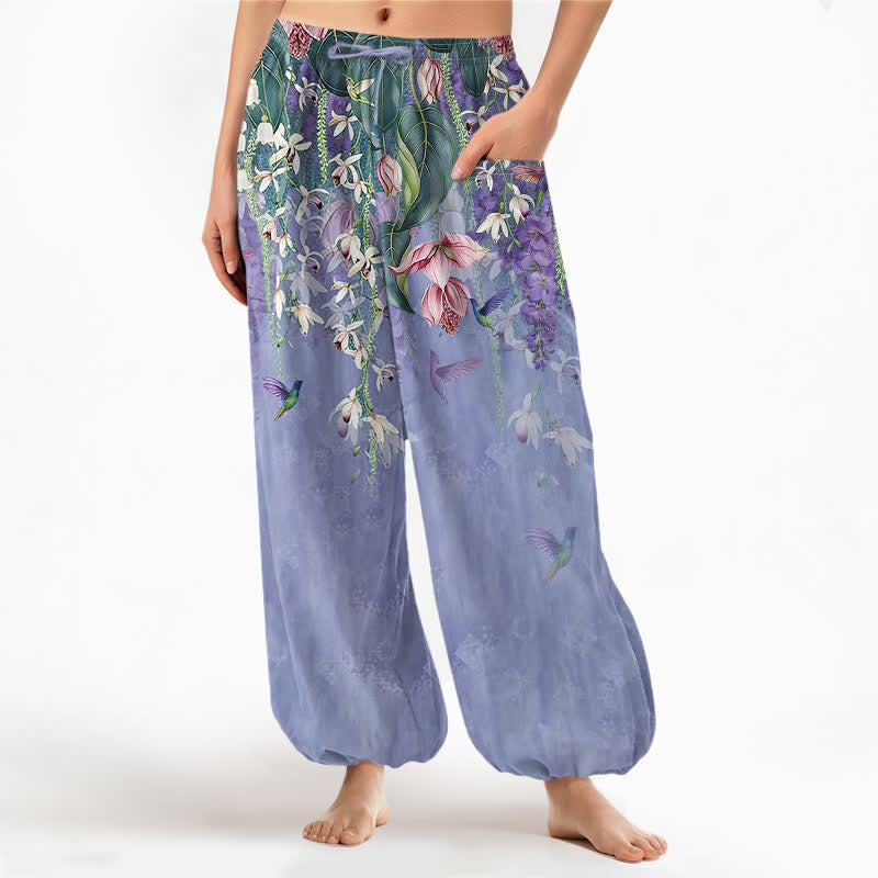 Buddha Stones Vintage-Haremshose aus Baumwolle mit Glyzinien- und Vogelmuster, elastischem Bund und Seitentaschen - Lavendel - US16, UK/AU20, EU48 (3XL) - image 0