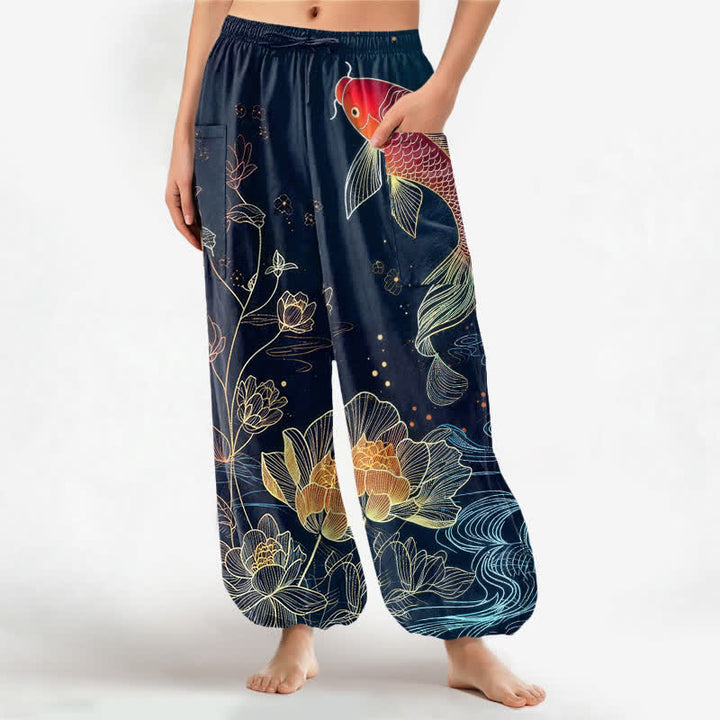 Buddha Stones Baumwoll-Haremshose für Damen mit Koi-Fisch- und Lotusblumenmuster, elastischem Bund und Seitentaschen - Marine - US16, UK/AU20, EU48 (3XL) - image 0