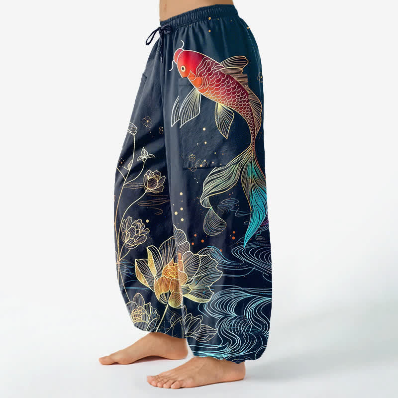 Buddha Stones Baumwoll-Haremshose für Damen mit Koi-Fisch- und Lotusblumenmuster, elastischem Bund und Seitentaschen - image 1