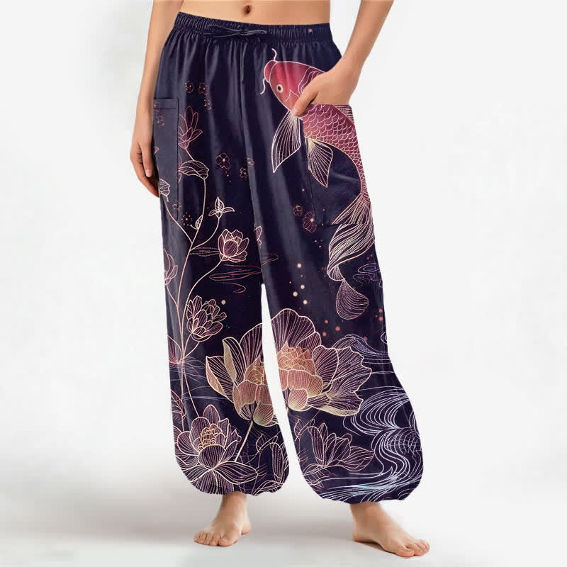 Buddha Stones Baumwoll-Haremshose für Damen mit Koi-Fisch- und Lotusblumenmuster, elastischem Bund und Seitentaschen - Lila - US16, UK/AU20, EU48 (3XL) - image 7