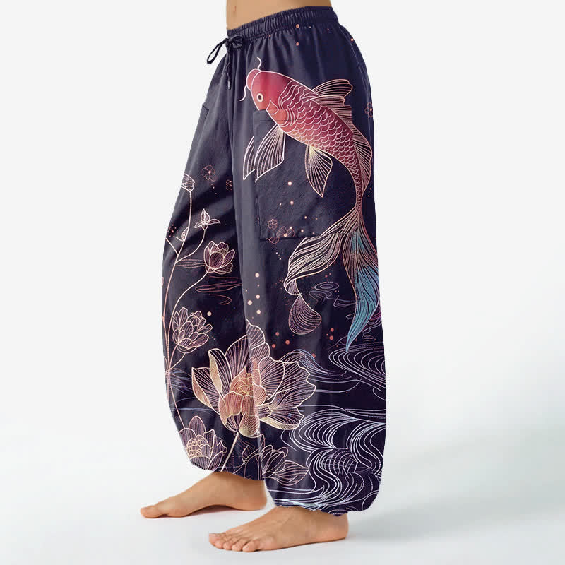 Buddha Stones Baumwoll-Haremshose für Damen mit Koi-Fisch- und Lotusblumenmuster, elastischem Bund und Seitentaschen - image 8