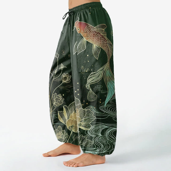 Buddha Stones Baumwoll-Haremshose für Damen mit Koi-Fisch- und Lotusblumenmuster, elastischem Bund und Seitentaschen - image 11