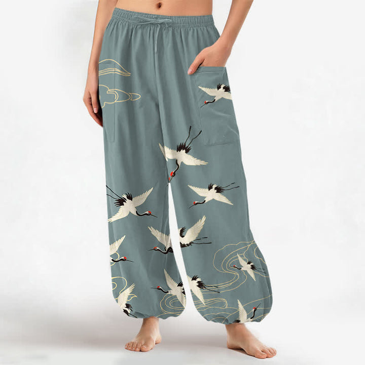 Buddha Stones Baumwoll-Haremshose für Damen mit orientalischem, weißem Kranich- und Wolkenmuster, elastischem Bund und Seitentaschen - Kadettenblau - US16, UK/AU20, EU48 (3XL) - image 0