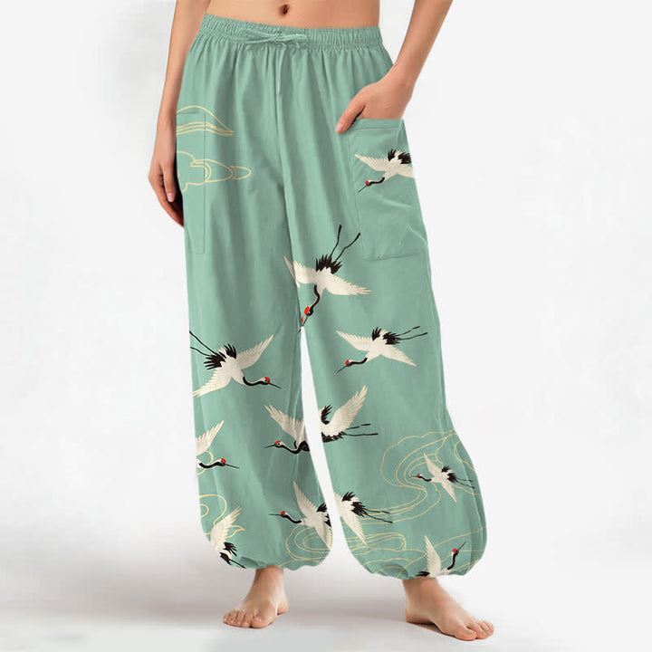 Buddha Stones Baumwoll-Haremshose für Damen mit orientalischem, weißem Kranich- und Wolkenmuster, elastischem Bund und Seitentaschen - Mittel-Aquamarin - US16, UK/AU20, EU48 (3XL) - image 10