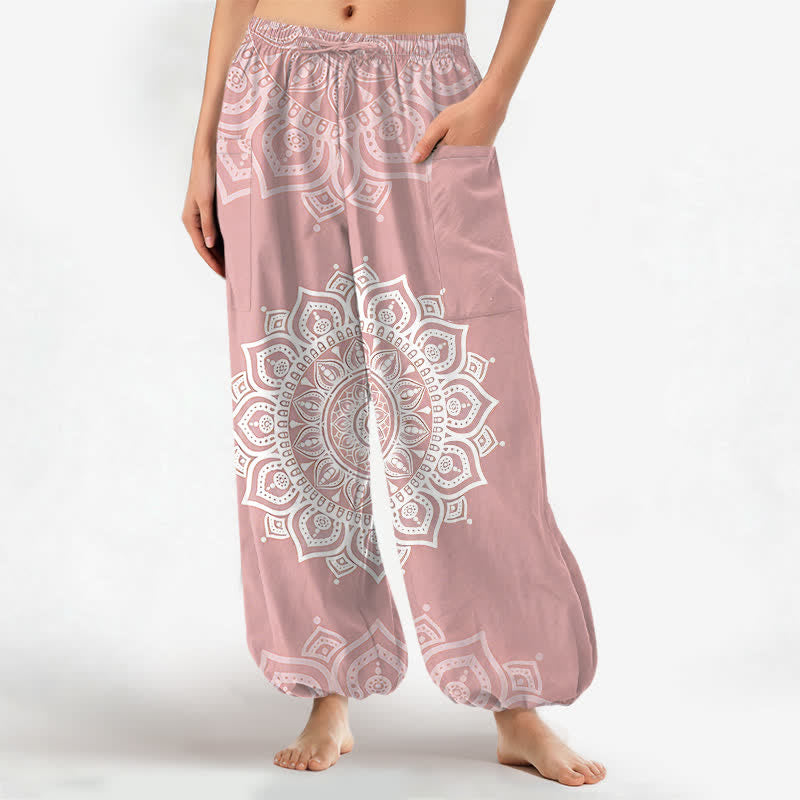 Buddha Stones Baumwoll-Haremshose für Damen mit weißem Boho-Mandala-Muster, elastischem Bund und Seitentaschen - Hellrosa - US16, UK/AU20, EU48 (3XL) - image 0
