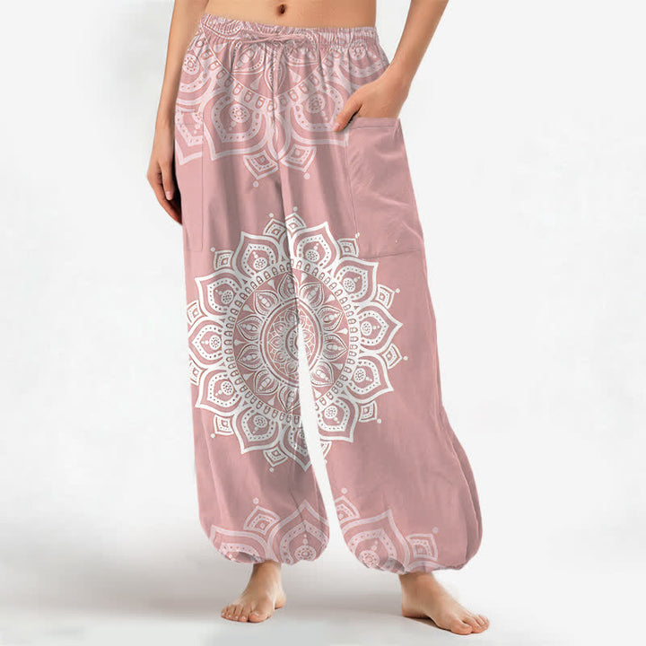 Buddha Stones Baumwoll-Haremshose für Damen mit weißem Boho-Mandala-Muster, elastischem Bund und Seitentaschen - Hellrosa - US16, UK/AU20, EU48 (3XL) - image 0