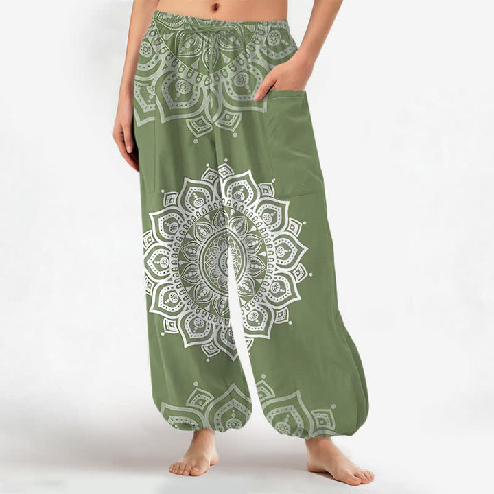 Buddha Stones Baumwoll-Haremshose für Damen mit weißem Boho-Mandala-Muster, elastischem Bund und Seitentaschen - Dunkelmeergrün - US16, UK/AU20, EU48 (3XL) - image 7