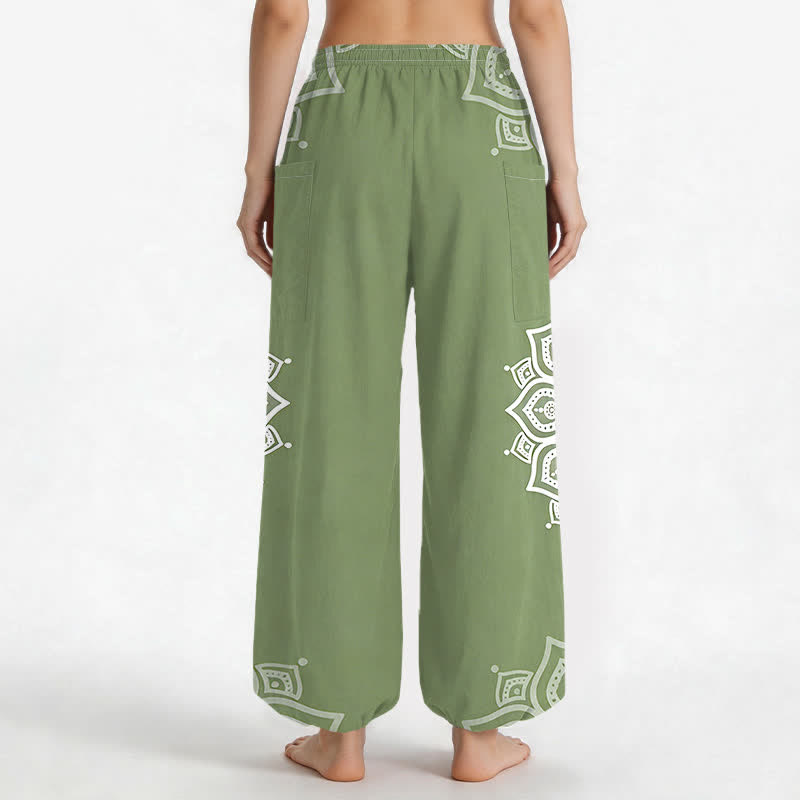 Buddha Stones Baumwoll-Haremshose für Damen mit weißem Boho-Mandala-Muster, elastischem Bund und Seitentaschen - image 9