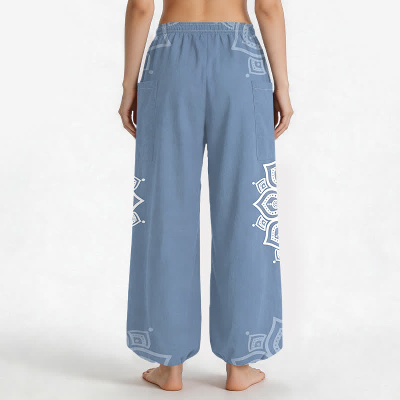 Buddha Stones Baumwoll-Haremshose für Damen mit weißem Boho-Mandala-Muster, elastischem Bund und Seitentaschen - image 12