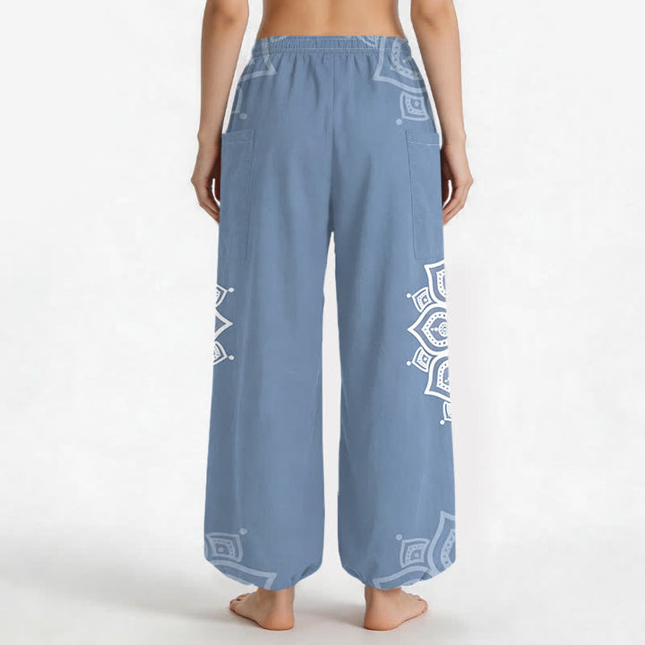 Buddha Stones Baumwoll-Haremshose für Damen mit weißem Boho-Mandala-Muster, elastischem Bund und Seitentaschen - image 12