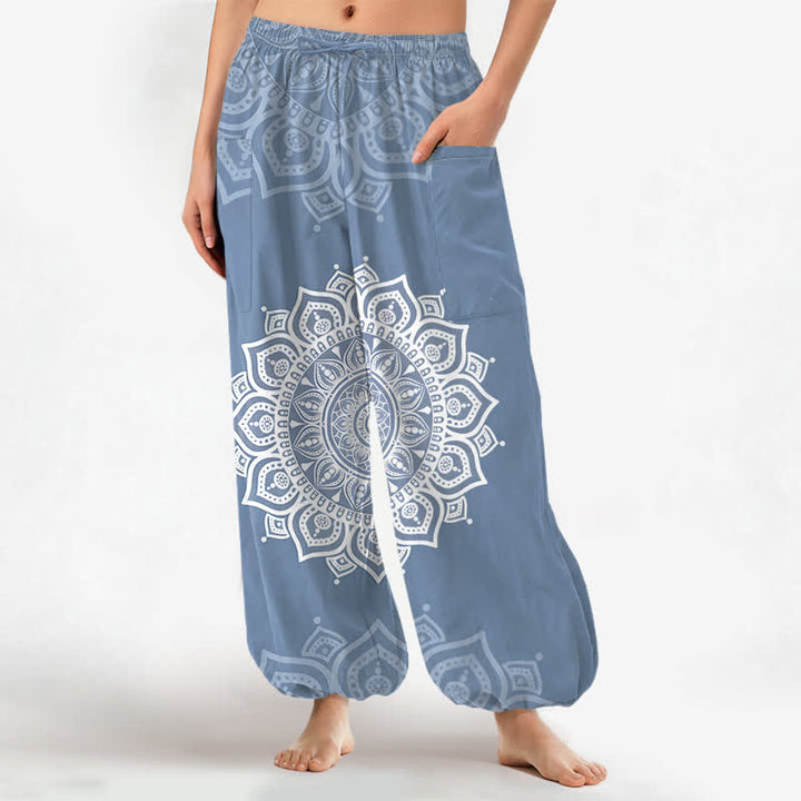 Buddha Stones Baumwoll-Haremshose für Damen mit weißem Boho-Mandala-Muster, elastischem Bund und Seitentaschen - Hellstahlblau - US16, UK/AU20, EU48 (3XL) - image 10