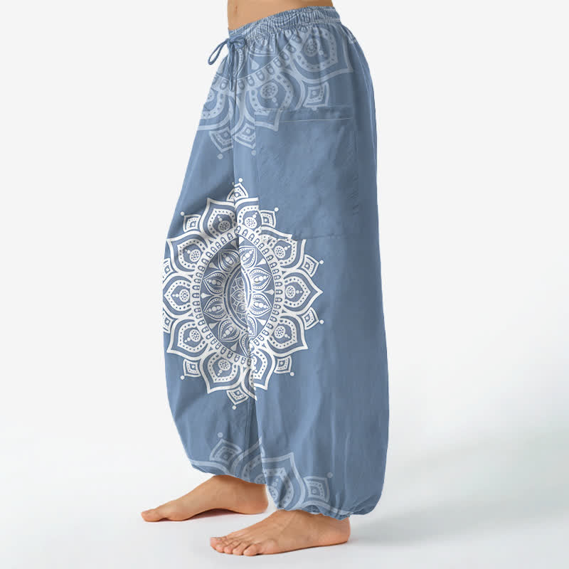 Buddha Stones Baumwoll-Haremshose für Damen mit weißem Boho-Mandala-Muster, elastischem Bund und Seitentaschen - image 11