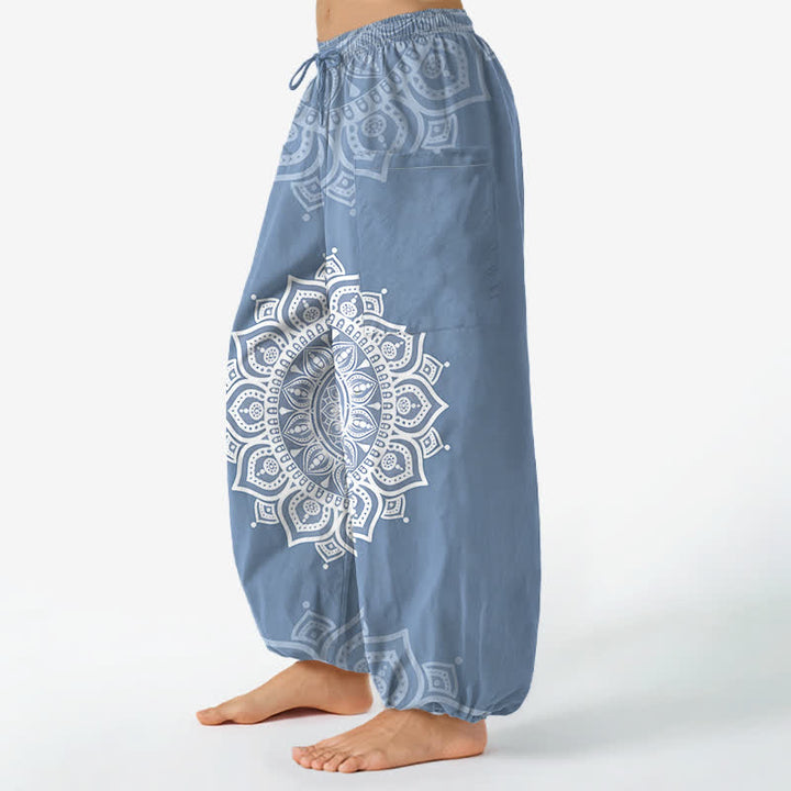 Buddha Stones Baumwoll-Haremshose für Damen mit weißem Boho-Mandala-Muster, elastischem Bund und Seitentaschen - image 11